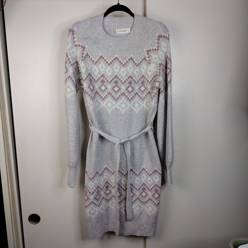 Lucky Brand Snowflake Geometric Cardigan Sweater Dress Women's Size M Grey Pink